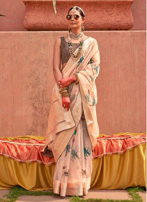 Modest Cream Digital Print Trendy Saree