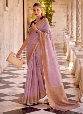 Modest Linen Woven Pink Contemporary Saree