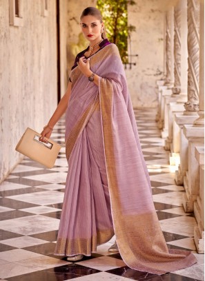Modest Linen Woven Pink Contemporary Saree