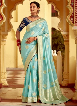 Modest pure-dola Aqua Blue Classic Saree