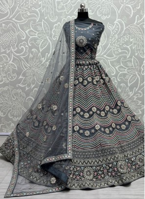 Modish Embroidered Grey Net Designer Lehenga Choli