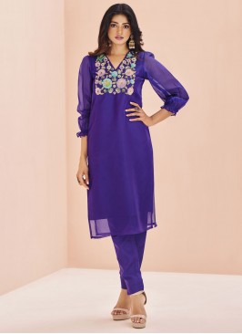 Modish Embroidered Organza Violet Designer Kurti