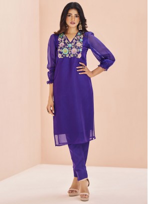 Modish Embroidered Organza Violet Designer Kurti