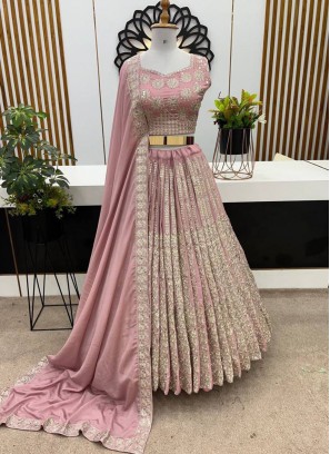 Modish Peach Embroidered Chinon Designer Lehenga Choli