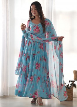 Monumental Faux Georgette Floral Print Blue Designer Salwar Kameez