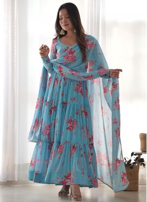Monumental Faux Georgette Floral Print Blue Designer Salwar Kameez