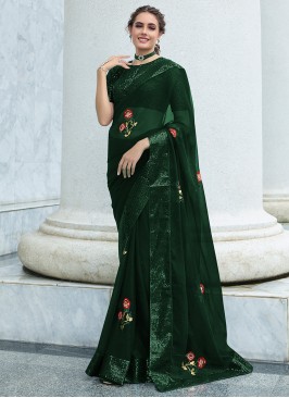 Monumental Green Embroidered Contemporary Saree