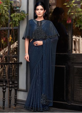 Monumental Navy Blue Beads Velvet Classic Saree