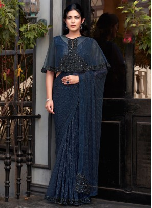 Monumental Navy Blue Beads Velvet Classic Saree