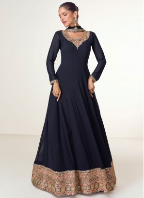 Monumental Navy Blue Pure Georgette Designer Gown