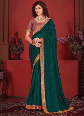 Morpeach  and Teal Color Designer Saree