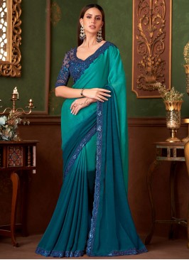 Morpeach  and Turquoise Embroidered Traditional Saree