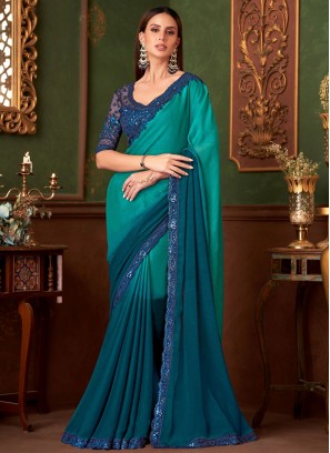 Morpeach  and Turquoise Embroidered Traditional Saree