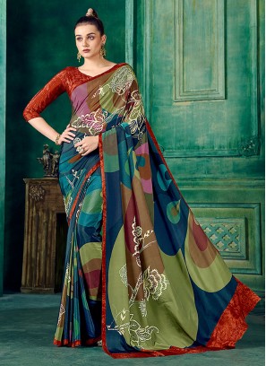 Multi Colour Abstract Print Ceremonial Contemporary Saree