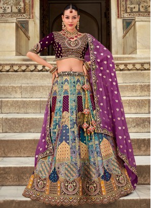 Multi Colour Banarasi Silk Designer Lehenga Choli