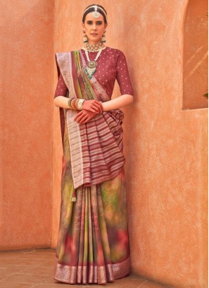 Multi Colour Foil Print Silk Contemporary Saree