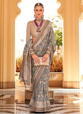 Multi Colour Raw Silk Foil Print Trendy Saree