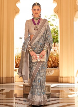 Multi Colour Raw Silk Foil Print Trendy Saree