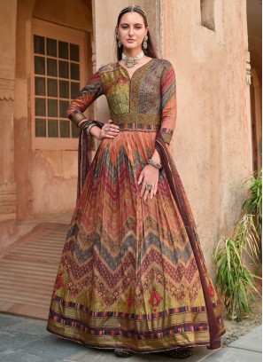 Multi Colour Zari Ceremonial Readymade Floor Length Gown 