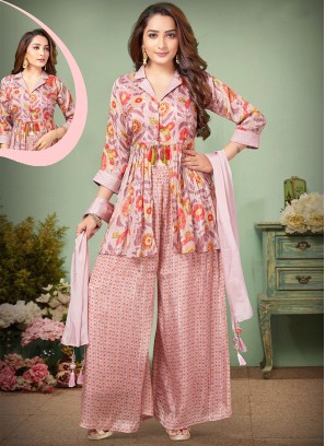 Peach Georgette Palaazzo Set with Printed work.