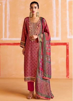 Muslin Digital Print Salwar Kameez in Rani