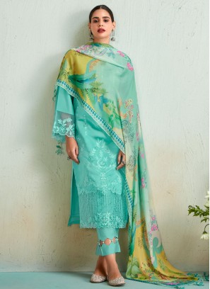 Muslin Embroidered Turquoise Pant Style Suit