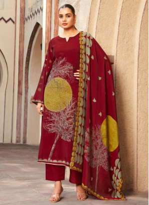 Muslin Maroon Embroidered Salwar Kameez