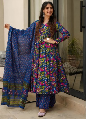 Muslin Navy Blue Printed Readymade Salwar Kameez