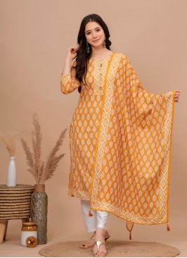 Muslin Print Readymade Designer Salwar Suit in Yel