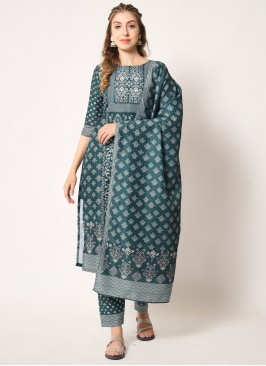 Muslin Printed Salwar Suit in Sea Green