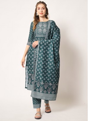 Muslin Printed Salwar Suit in Sea Green