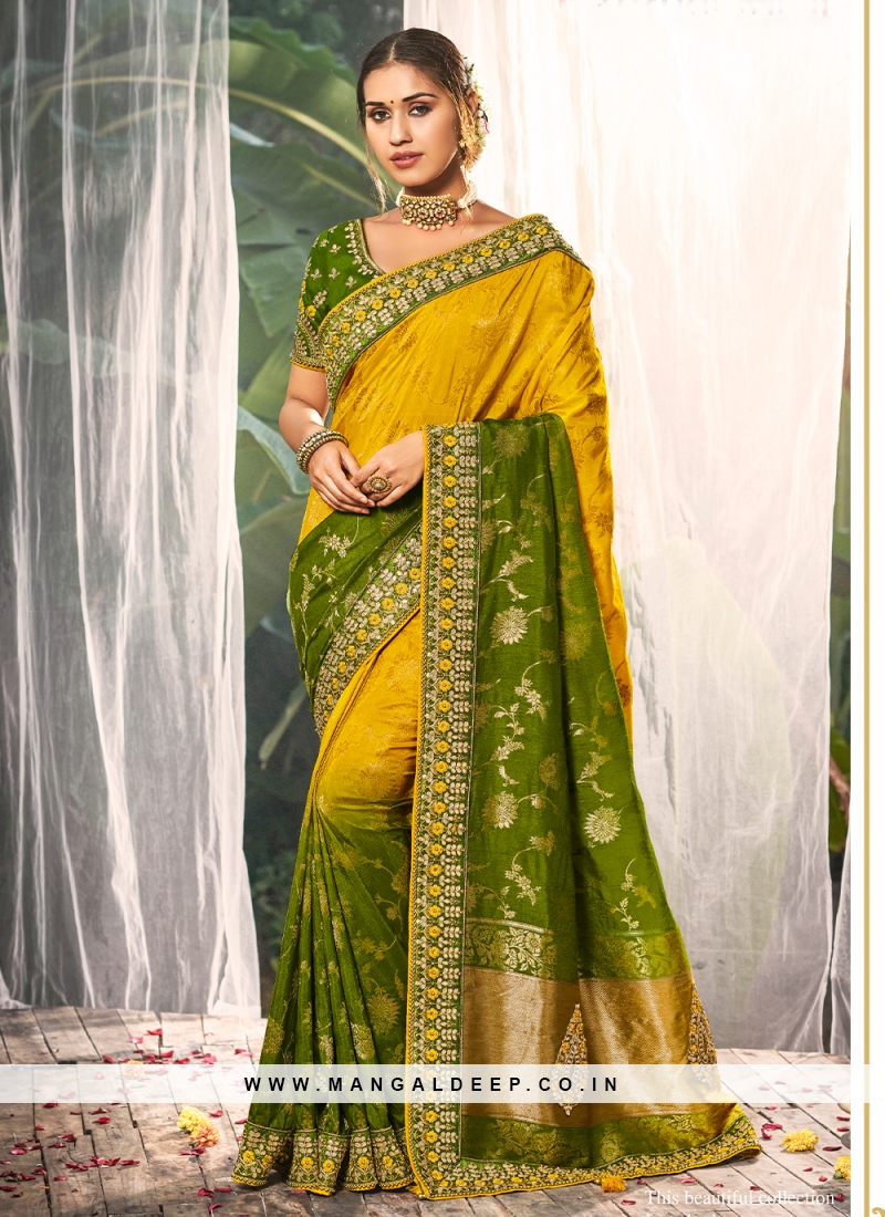 Stunning Yellow Colour Saree With Green Combination Border & Heavy Brocade  Blouse Banarasi Beautiful Zari Work In Form Of Traditional Motifs Soft Silk  Saree