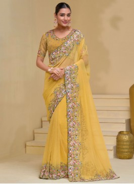 Mustard Ceremonial Banarasi Silk Contemporary Saree