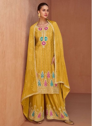 Mustard Embroidered Chinon Trendy Salwar Kameez