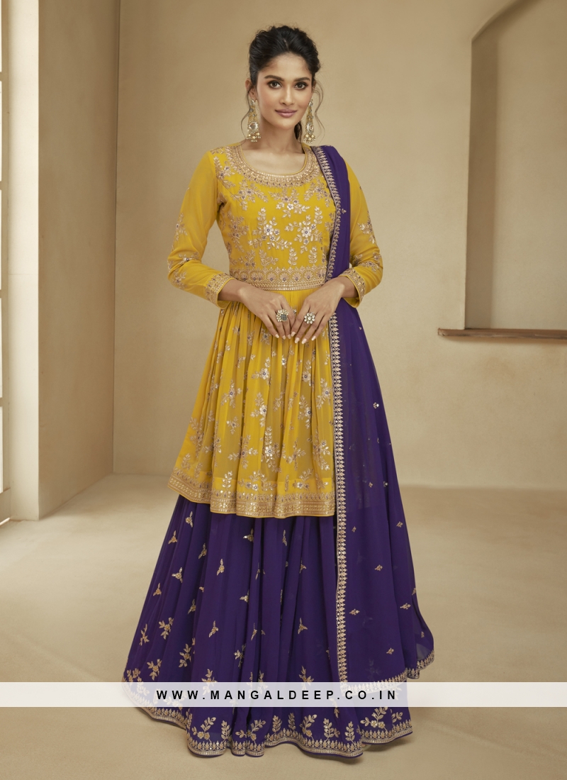 mustard engagement georgette lehenga choli 63656