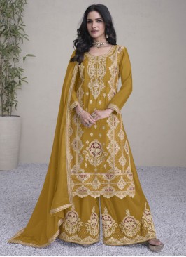 Mustard Sangeet Chinon Trendy Salwar Kameez