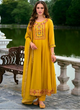 Mustard Vichitra Silk Embroidered Designer Salwar 