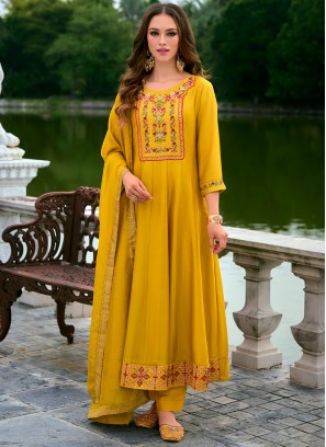 Mustard Vichitra Silk Embroidered Designer Salwar Kameez