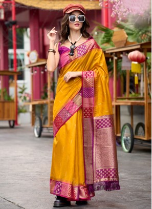 Mustard Weaving Banarasi Silk Contemporary Saree