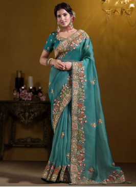 Mystic Zari Tissue Blue Contemporary Saree