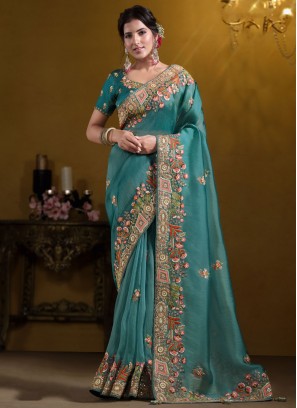 Mystic Zari Tissue Blue Contemporary Saree