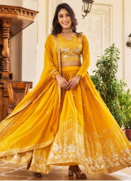 Mystical Faux Georgette Embroidered Yellow Readymade Lehenga Choli