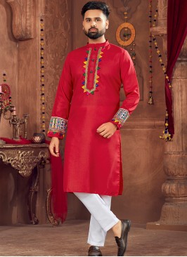 Navratri Elegance: Men's Red Cotton Kurta Pajama w