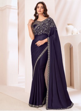 Navy Blue and Purple Embroidered Chiffon Satin Classic Saree