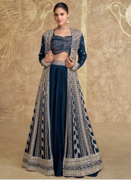 Navy Blue Ceremonial Chinon Readymade Lehenga Choli