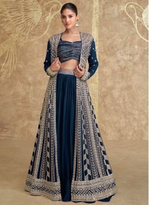 Navy Blue Ceremonial Chinon Readymade Lehenga Choli