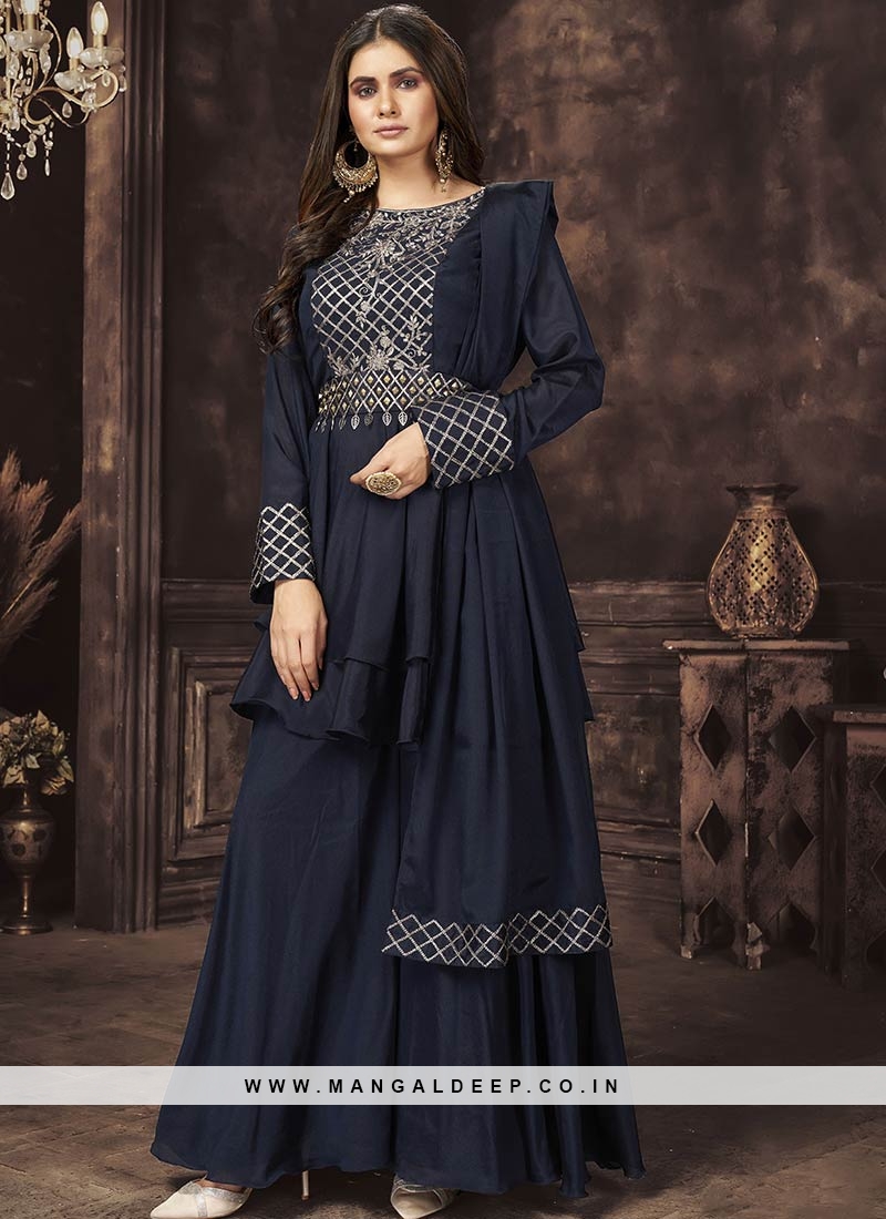Navy Blue Colour Latest Heavy Designer Wedding Wear Art Silk Embroidery  Work Gown And Four Side Heavy Border Net Dupatta Collection 303