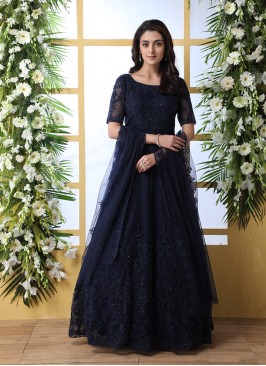 Navy Blue Color Embroidered Floor Length Gown