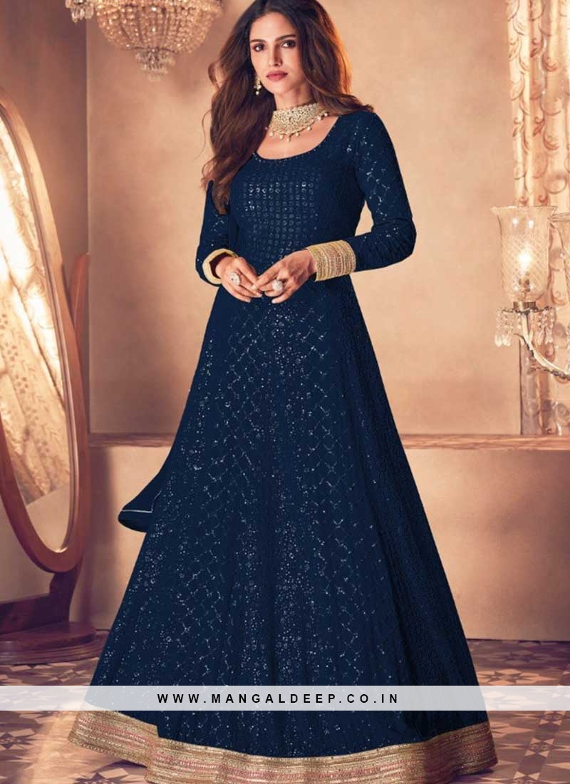 Buy Pretty Navy Blue Partywear Anarkali Suit online at Inddus.com.