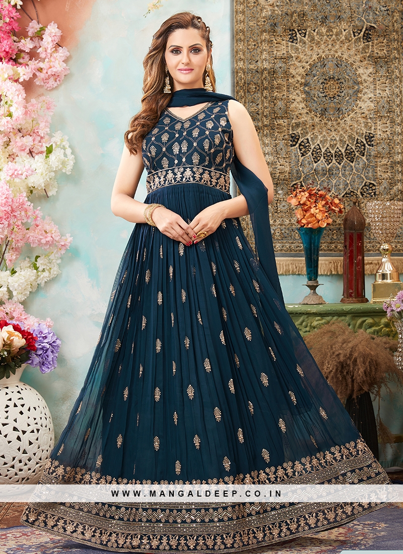 Navy blue flared dress with dupatta  set of two by Anecdotes  The Secret  Label